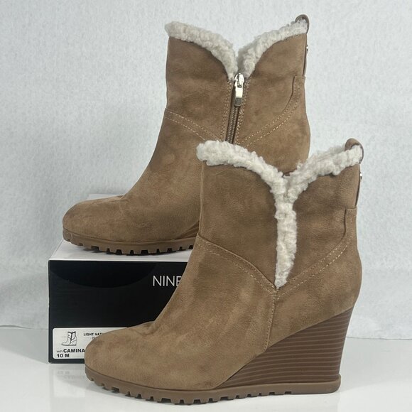 Nine West Light Natural Wedge Ankle Boots Faux Shearling Trim Side Zipper 10 M - Picture 2 of 16